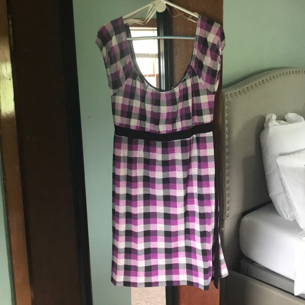 Purple, black, and white checked dress